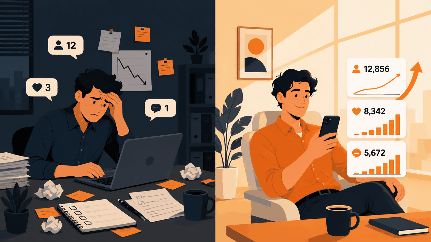 Split illustration of a business owner overwhelmed by unposted content on one side and calmly reviewing rising engagement on the other