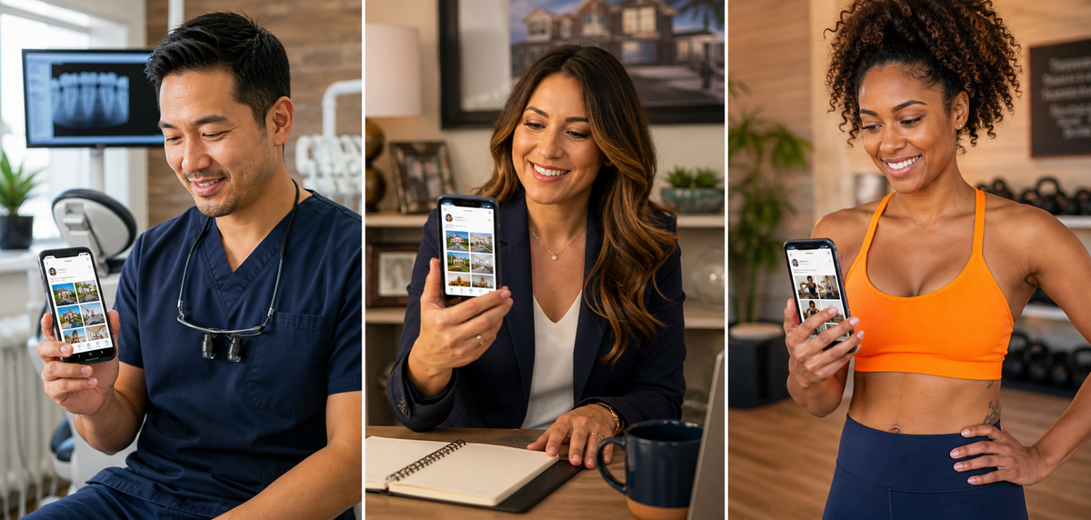 Three Convert Social clients holding phones: a dentist in his practice, a real estate agent at her desk, and a fitness trainer in her gym