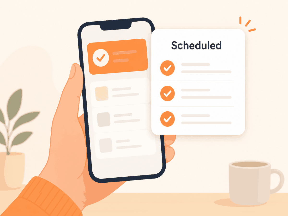 Hand holding a phone that shows a week of posts already marked as scheduled